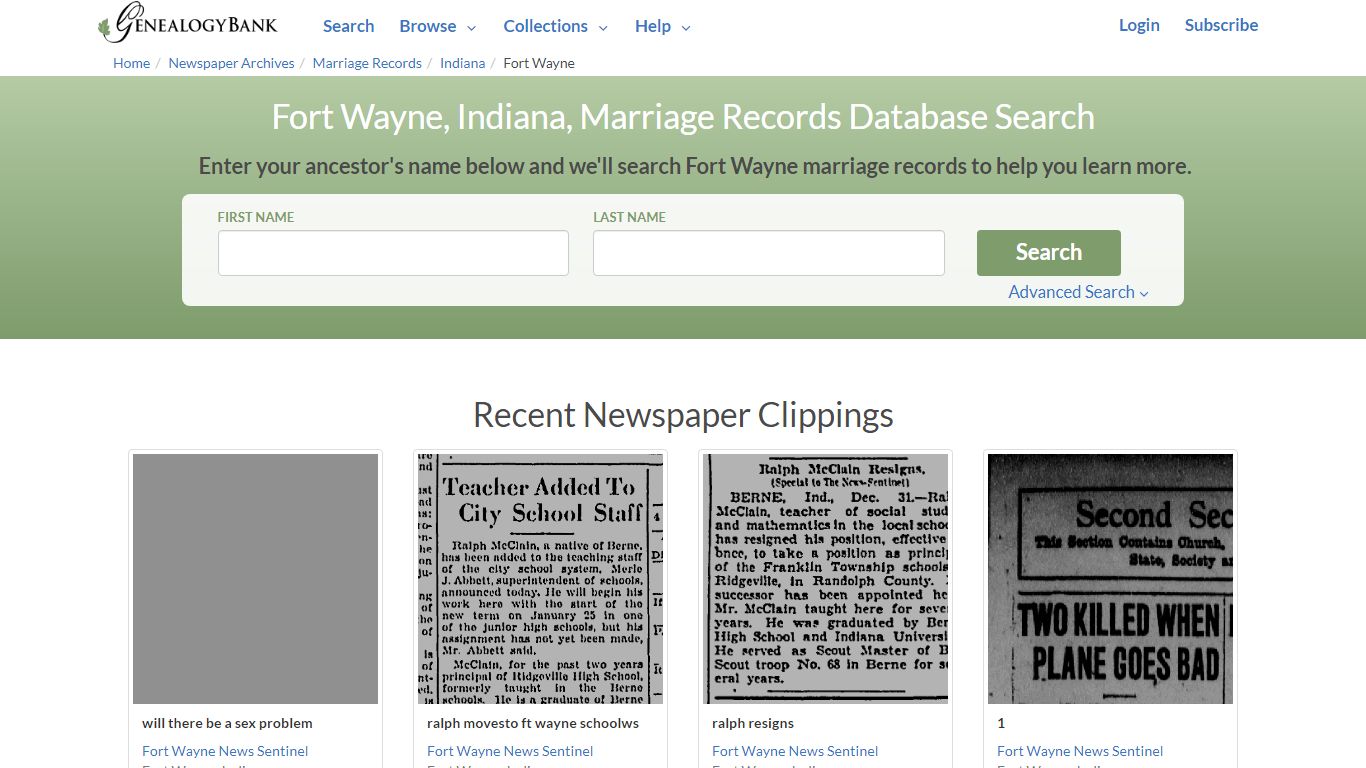 Fort Wayne, Indiana, Marriage Records Online Search - GenealogyBank