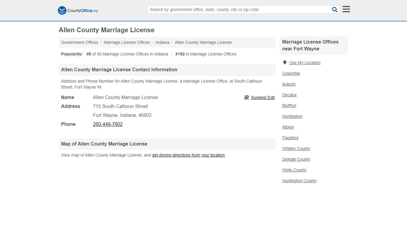 Allen County Marriage License - Fort Wayne, IN (Address and Phone)